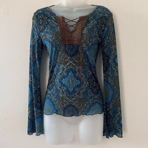 Y2K BOHO BLUE PAISLEY FLARE SLEEVE TOP